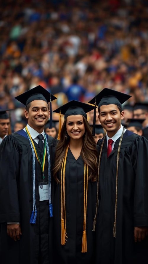 3 graduados latinos,una foto, dos hombre y una mujer, la camara un poco panoramica, y de fondo borroso los demas graduados. foto panoramica